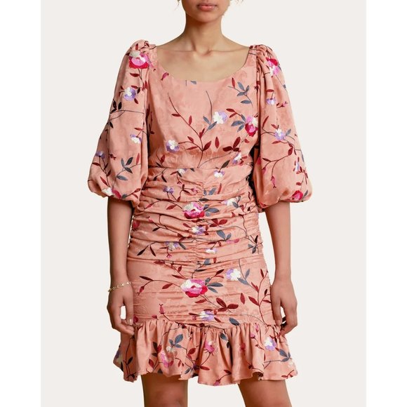 🆕 ByTiMo Ruched Embroidered Jacquard Mini Dress Floral Medium - Picture 2 of 11